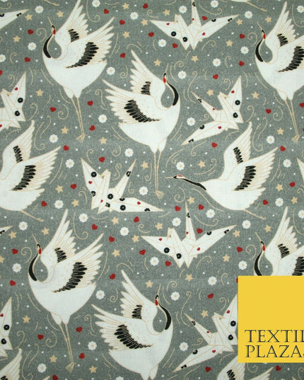 Grey Origami Bird Magical Stars Hearts Digital Print 100% Cotton Fabric 58" 4943