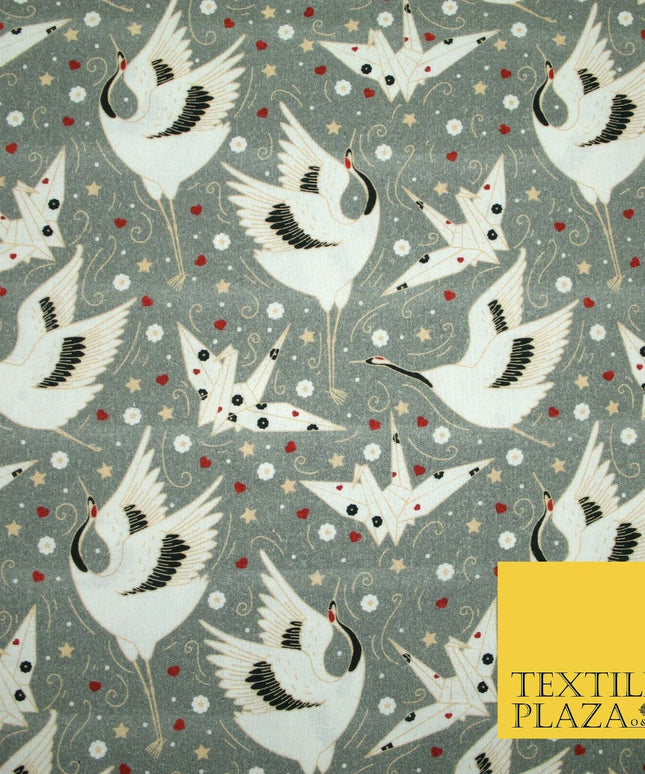Grey Origami Bird Magical Stars Hearts Digital Print 100% Cotton Fabric 58" 4943