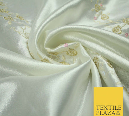 Premium Ivory Floral Rose Striped Sequin Embroidered Satin Dress Fabric 44" 4687