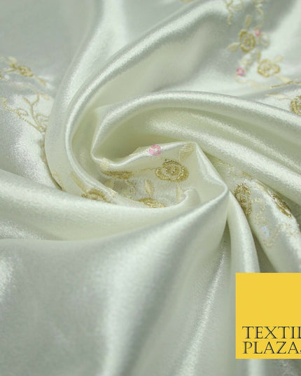 Premium Ivory Floral Rose Striped Sequin Embroidered Satin Dress Fabric 44" 4687