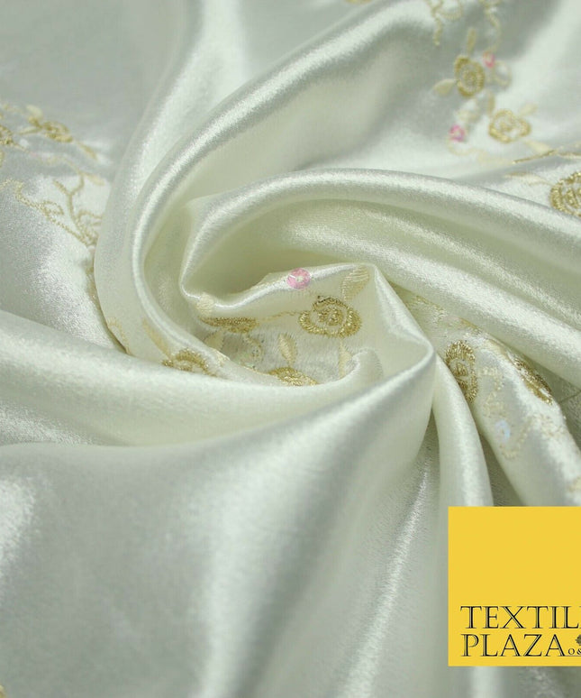 Premium Ivory Floral Rose Striped Sequin Embroidered Satin Dress Fabric 44" 4687
