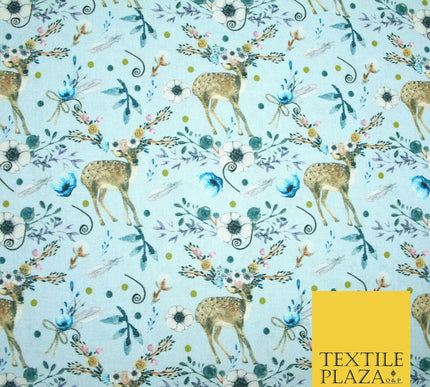 Sky Blue Floral Deer Feather Digital Print 100% Cotton Fabric Sewing 58" 4945