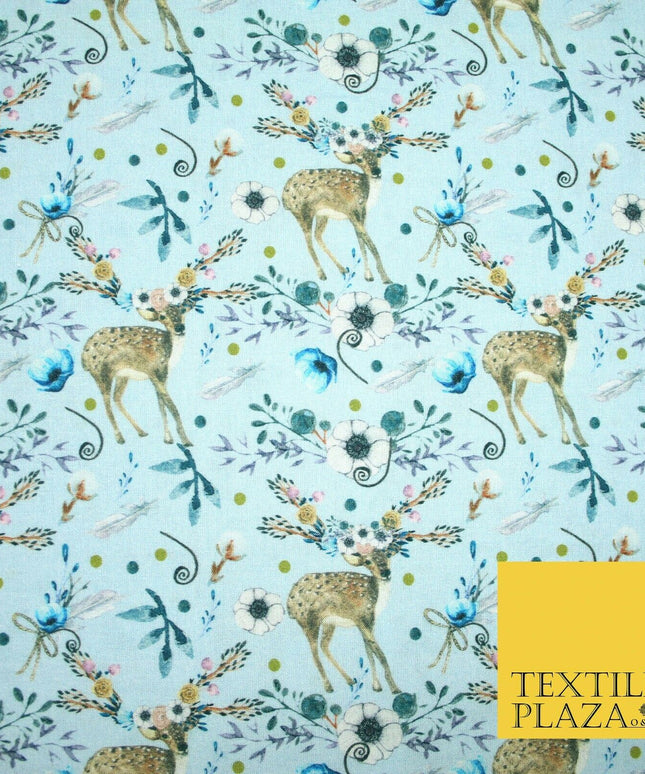 Sky Blue Floral Deer Feather Digital Print 100% Cotton Fabric Sewing 58" 4945