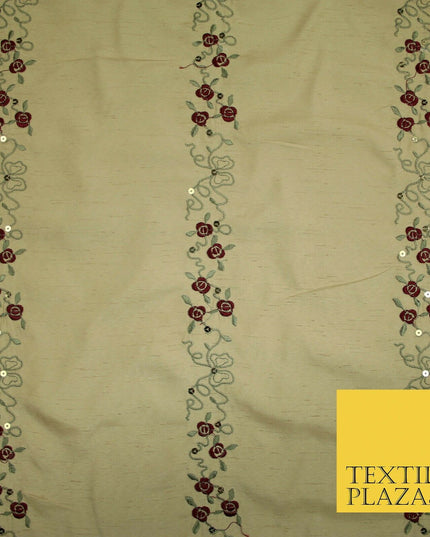 Premium Gold Floral Vine Striped Sequin Embroidered Shantung Raw Silk Fabric4688