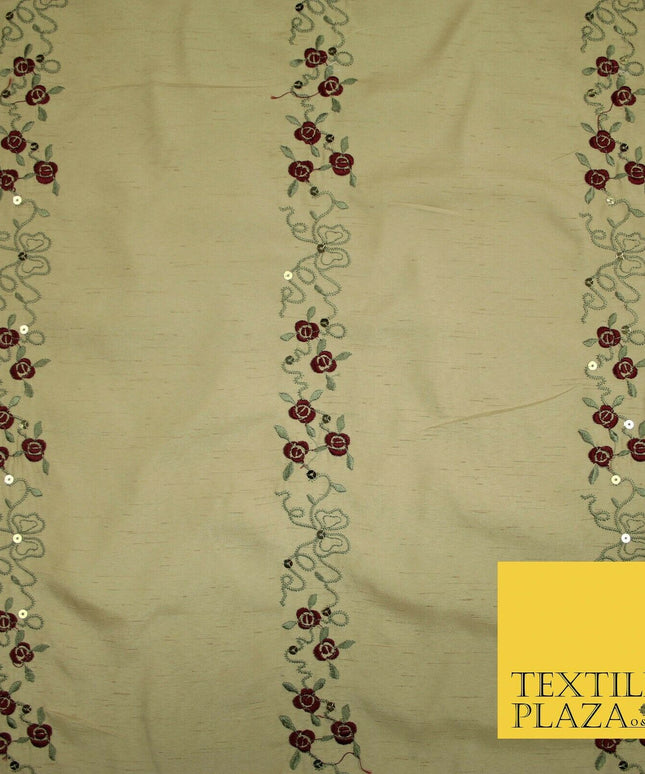 Premium Gold Floral Vine Striped Sequin Embroidered Shantung Raw Silk Fabric4688