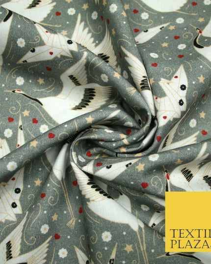 Grey Origami Bird Magical Stars Hearts Digital Print 100% Cotton Fabric 58" 4943