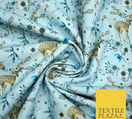 Sky Blue Floral Deer Feather Digital Print 100% Cotton Fabric Sewing 58" 4945
