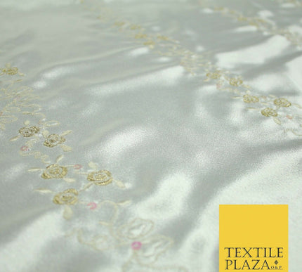 Premium Ivory Floral Rose Striped Sequin Embroidered Satin Dress Fabric 44" 4687