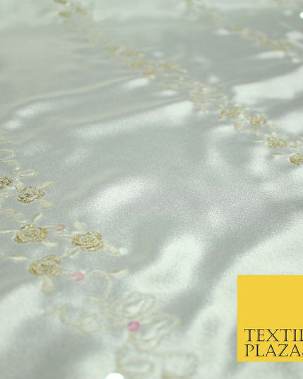 Premium Ivory Floral Rose Striped Sequin Embroidered Satin Dress Fabric 44" 4687