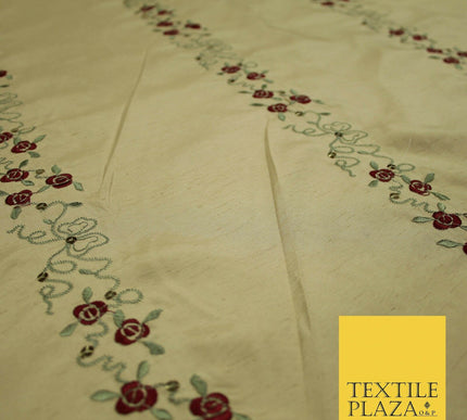 Premium Gold Floral Vine Striped Sequin Embroidered Shantung Raw Silk Fabric4688