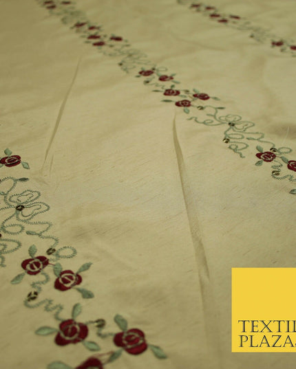 Premium Gold Floral Vine Striped Sequin Embroidered Shantung Raw Silk Fabric4688