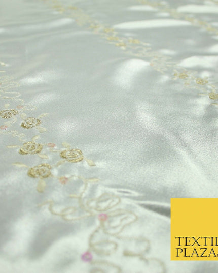Premium Ivory Floral Rose Striped Sequin Embroidered Satin Dress Fabric 44" 4687