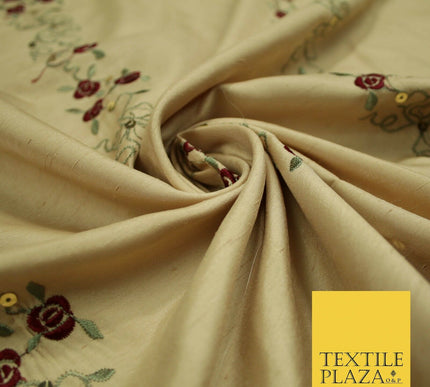 Premium Gold Floral Vine Striped Sequin Embroidered Shantung Raw Silk Fabric4688