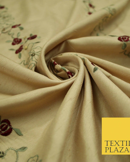 Premium Gold Floral Vine Striped Sequin Embroidered Shantung Raw Silk Fabric4688