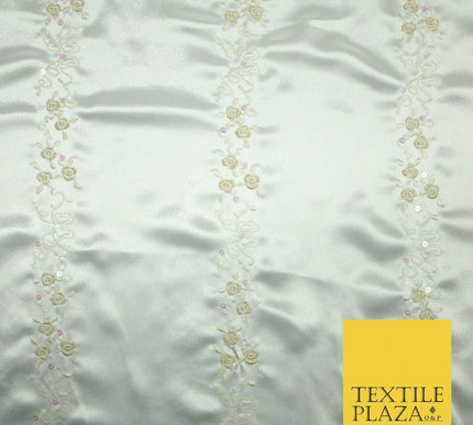 Premium Ivory Floral Rose Striped Sequin Embroidered Satin Dress Fabric 44" 4687