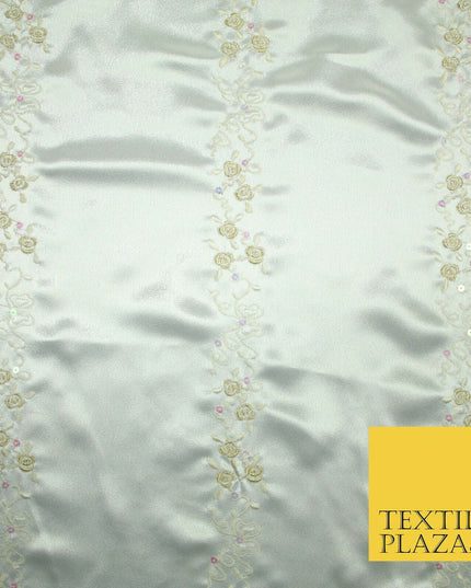 Premium Ivory Floral Rose Striped Sequin Embroidered Satin Dress Fabric 44" 4687