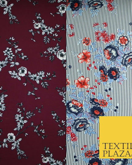 Floral Cluster Fine Stripe Printed Stretch Jersey Fabric Dress Craft 61" Wide