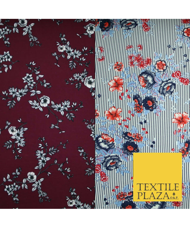 Floral Cluster Fine Stripe Printed Stretch Jersey Fabric Dress Craft 61" Wide