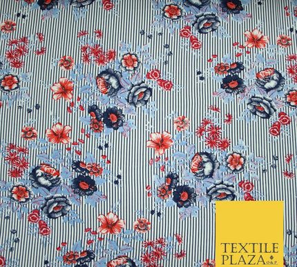 Floral Cluster Fine Stripe Printed Stretch Jersey Fabric Dress Craft 61" Wide