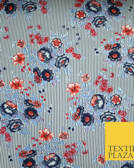 Floral Cluster Fine Stripe Printed Stretch Jersey Fabric Dress Craft 61" Wide