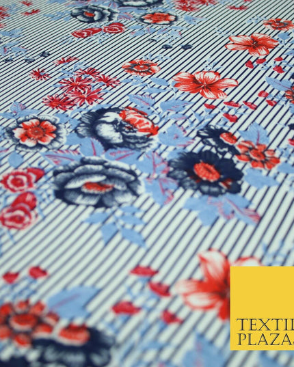 Floral Cluster Fine Stripe Printed Stretch Jersey Fabric Dress Craft 61" Wide