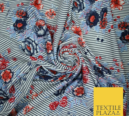 Floral Cluster Fine Stripe Printed Stretch Jersey Fabric Dress Craft 61" Wide