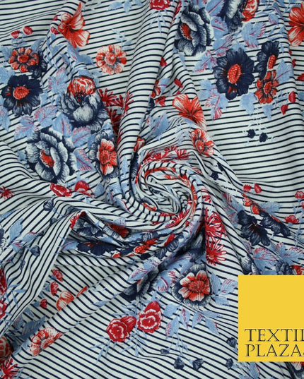 Floral Cluster Fine Stripe Printed Stretch Jersey Fabric Dress Craft 61" Wide