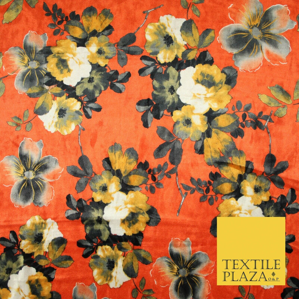 Coral Carrot Peach Vintage Floral Bunch Printed Soft Velvet Dress Fabric 4706