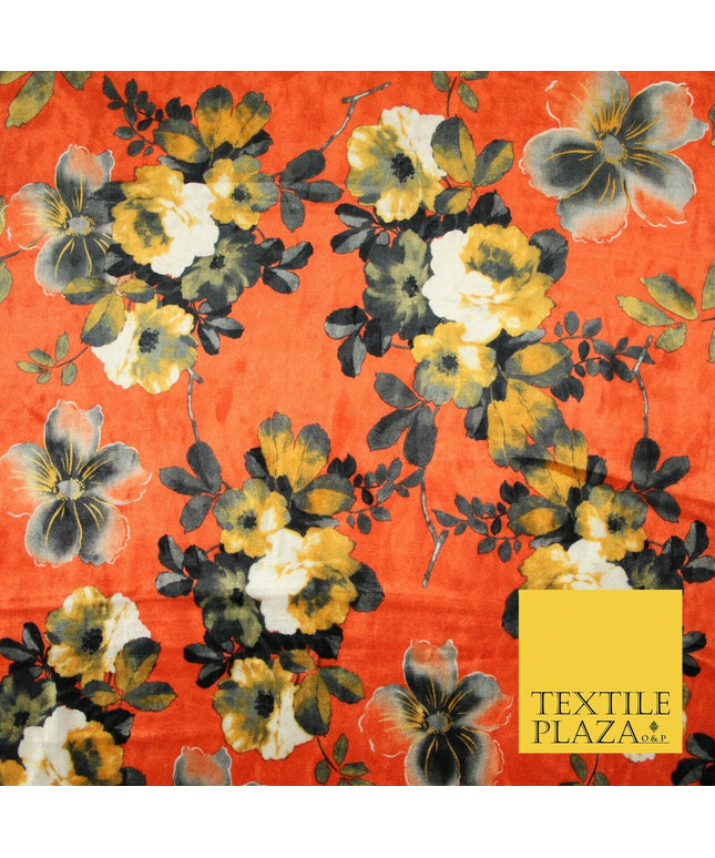 Coral Carrot Peach Vintage Floral Bunch Printed Soft Velvet Dress Fabric 4706