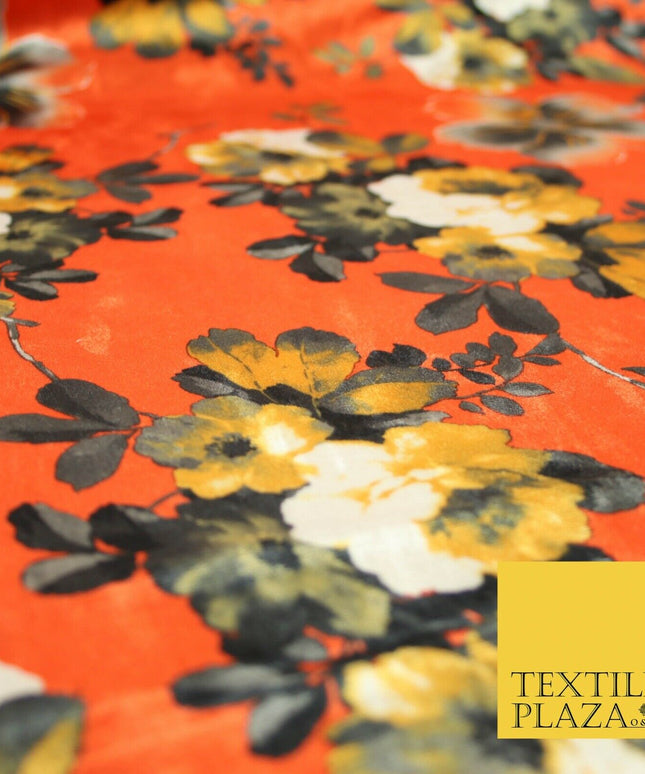Coral Carrot Peach Vintage Floral Bunch Printed Soft Velvet Dress Fabric 4706
