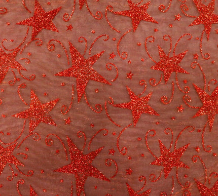 Glitter Star Organdi (Organza) Christmas Fabric 100% Nylon - RED RE50