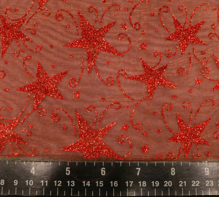 Glitter Star Organdi (Organza) Christmas Fabric 100% Nylon - RED RE50