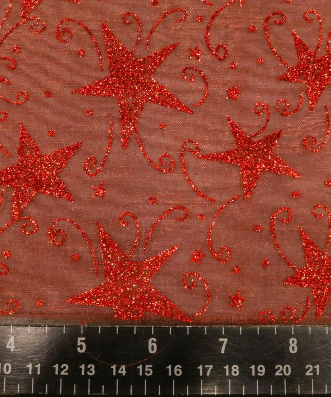 Glitter Star Organdi (Organza) Christmas Fabric 100% Nylon - RED RE50