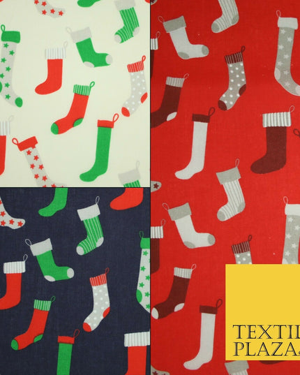 Festive Christmas Stockings Socks Printed Poly Cotton Fabric Polycotton 45"