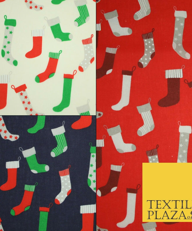 Festive Christmas Stockings Socks Printed Poly Cotton Fabric Polycotton 45"