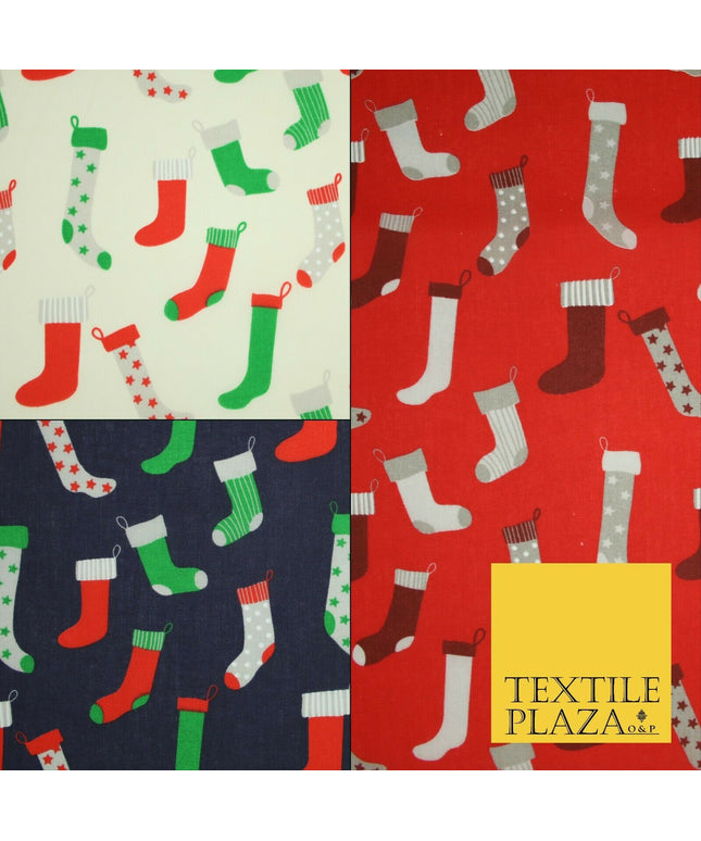 Festive Christmas Stockings Socks Printed Poly Cotton Fabric Polycotton 45"
