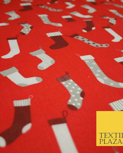Festive Christmas Stockings Socks Printed Poly Cotton Fabric Polycotton 45"