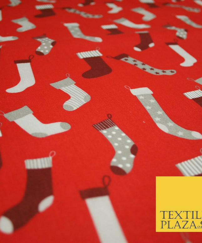 Festive Christmas Stockings Socks Printed Poly Cotton Fabric Polycotton 45"