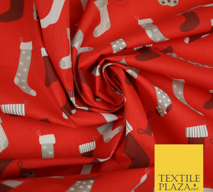 Festive Christmas Stockings Socks Printed Poly Cotton Fabric Polycotton 45"