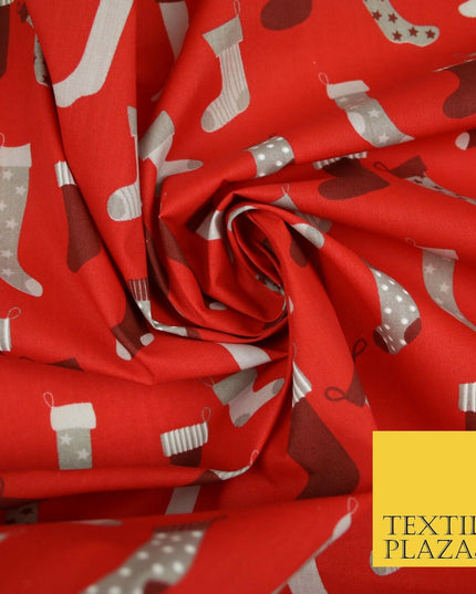 Festive Christmas Stockings Socks Printed Poly Cotton Fabric Polycotton 45"