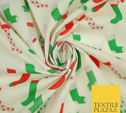 Festive Christmas Stockings Socks Printed Poly Cotton Fabric Polycotton 45"