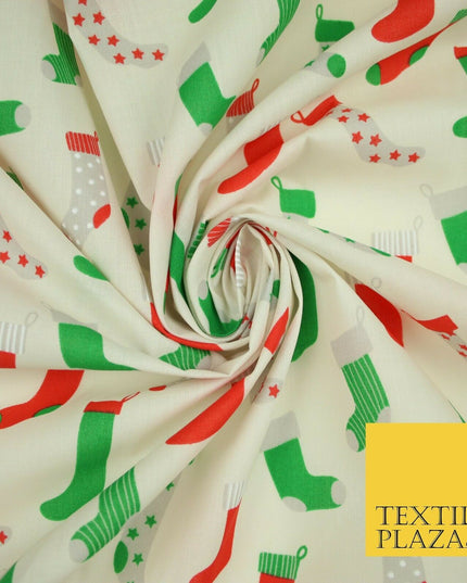 Festive Christmas Stockings Socks Printed Poly Cotton Fabric Polycotton 45"