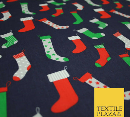 Festive Christmas Stockings Socks Printed Poly Cotton Fabric Polycotton 45"