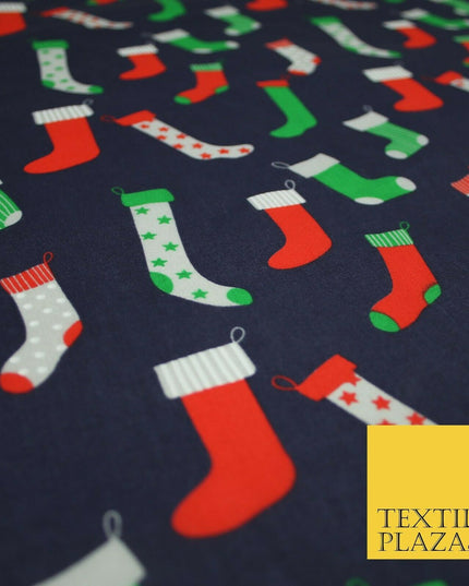 Festive Christmas Stockings Socks Printed Poly Cotton Fabric Polycotton 45"
