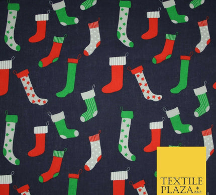 Festive Christmas Stockings Socks Printed Poly Cotton Fabric Polycotton 45"