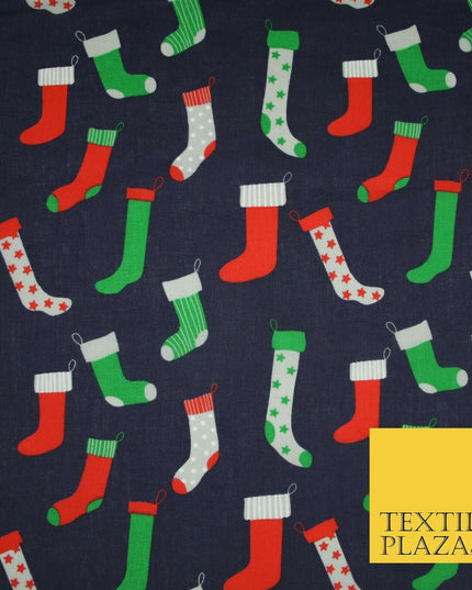 Festive Christmas Stockings Socks Printed Poly Cotton Fabric Polycotton 45"