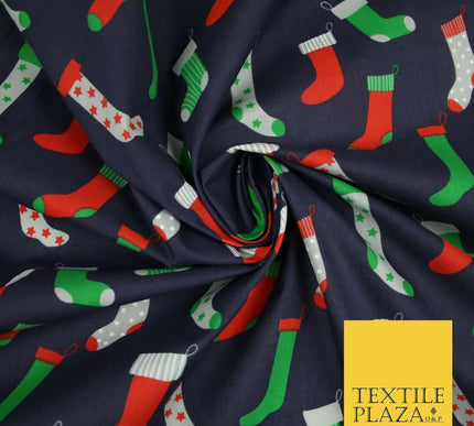 Festive Christmas Stockings Socks Printed Poly Cotton Fabric Polycotton 45"