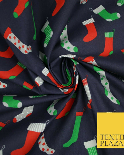Festive Christmas Stockings Socks Printed Poly Cotton Fabric Polycotton 45"