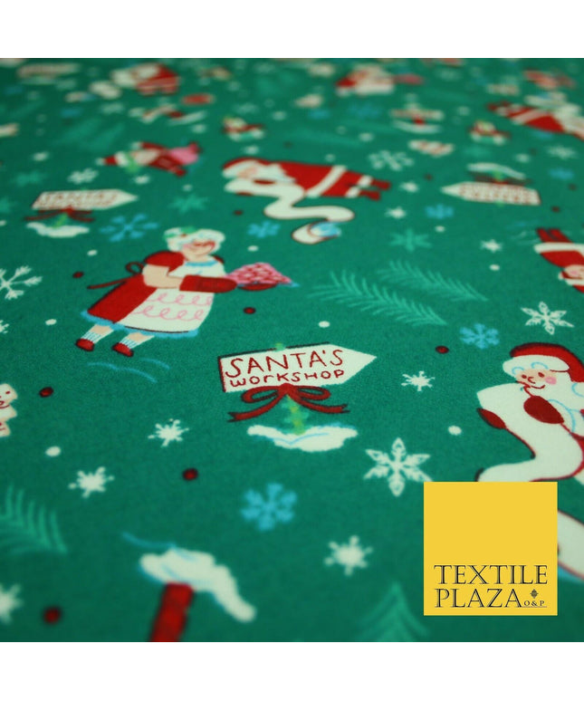 Green Santa's Workshop Festive Winceyette Soft Brushed Cotton Print Fabric 3963