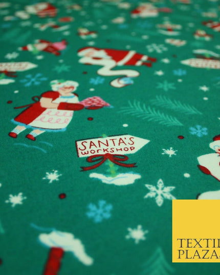 Green Santa's Workshop Festive Winceyette Soft Brushed Cotton Print Fabric 3963